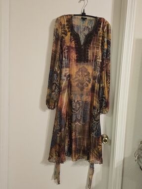 Komarov Multicolor Print Long-Sleeve Midi Dress with Lace Trim Size Small